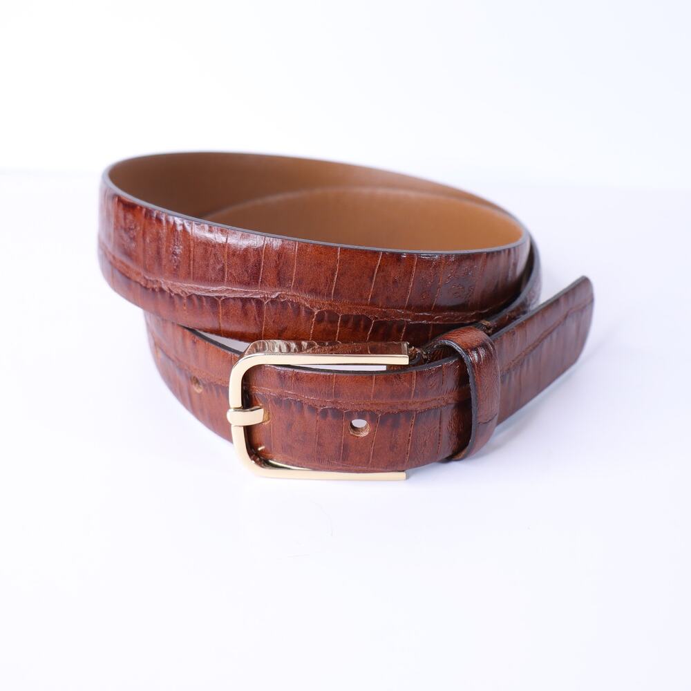 ZARA Embossed Leather Belt Brown with Gold Metal Buckle Women's 80cm/US 30